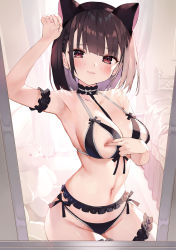 Rule 34 | 1girl, animal ears, arm garter, arm up, armpits, bare shoulders, bed, black bra, black choker, black hair, black panties, bob cut, bra, breasts, bridal garter, cat ears, choker, cleavage, closed mouth, covering nipples, covering privates, cowboy shot, cropped, cupless bra, fake animal ears, front-tie bra, front-tie top, gaou (umaiyo puyoman), groin, hairband, halterneck, highres, large breasts, lingerie, looking at viewer, mirror, navel, non-web source, original, panties, red eyes, reflection, short hair, side-tie panties, skindentation, solo, standing, stomach, string bra, string panties, stuffed animal, stuffed toy, teddy bear, underwear, underwear only