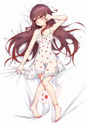 Rule 34 | 1girl, :d, absurdres, alternate costume, alternate hairstyle, anklet, arm up, bare legs, barefoot, bed sheet, bell, black nails, brown hair, casual, collarbone, commentary, contemporary, dianhua dianhua he, dress, english commentary, from above, full body, genshin impact, ghost, hair between eyes, hair down, highres, hu tao (genshin impact), jewelry, knees together feet apart, long hair, looking away, looking to the side, lying, nail polish, on back, open mouth, orange eyes, parted lips, polka dot, polka dot dress, sidelocks, simple background, smile, spaghetti strap, symbol-shaped pupils, toenail polish, toenails, white background, white dress