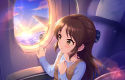 Rule 34 | 1girl, airplane interior, airplane wing, armrest, blue sky, brown eyes, brown hair, cloud, cloudy sky, collarbone, hair ornament, hair ribbon, hand on own chest, idolmaster, idolmaster cinderella girls, idolmaster cinderella girls starlight stage, lens flare, long sleeves, looking to the side, medium hair, official art, open mouth, ribbon, seat, sitting, sky, solo, sun, sunlight, tachibana arisu, window