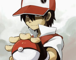Rule 34 | 1boy, baseball cap, black hair, creatures (company), epic, fingerless gloves, foreshortening, game freak, gloves, hat, holding, holding poke ball, looking at viewer, male focus, nintendo, pixiv red, poke ball, poke ball (basic), pokemon, poppo16, red (pokemon), red eyes, solo