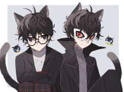 Rule 34 | 2boys, :&lt;, :3, amamiya ren, animal ear fluff, animal ears, black-framed eyewear, black coat, black eyes, black hair, black jacket, black pants, border, cat boy, cat ears, cat tail, cheese dakke, closed mouth, coat, crossed arms, dual persona, frown, glasses, grey background, grey shirt, hair between eyes, highres, jacket, knee up, knees up, long sleeves, looking at another, looking to the side, male focus, mask, morgana (persona 5), multiple boys, open clothes, open coat, outside border, pants, persona, persona 5, plaid, plaid pants, red eyes, school uniform, shirt, short hair, shuujin academy school uniform, simple background, sitting, smile, tail, turtleneck, white border, white mask, white shirt