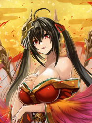 Rule 34 | 1girl, ahoge, arm under breasts, azur lane, bare shoulders, black hair, breast suppress, breasts, brown hair, cleavage, collarbone, commentary, crossed bangs, edobox, hair between eyes, hair ornament, hair ribbon, huge breasts, japanese clothes, large breasts, long hair, looking away, off shoulder, open mouth, petals, red eyes, red ribbon, ribbon, sidelocks, smile, solo, taihou (azur lane), twintails, upper body, very long hair, wide sleeves
