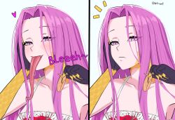 Rule 34 | 1girl, alternate costume, artrum4, blush, chips (food), closed mouth, commentary, english commentary, fangs, fate/grand order, fate (series), food, forehead, gorgon (fate), head rest, heart, highres, holding, holding food, long hair, long tongue, looking at viewer, medusa (fate), medusa (rider) (fate), open mouth, pink hair, potato chips, purple eyes, rider, saliva, scales, simple background, slit pupils, solo, tongue, tongue out, twitter username, very long hair, white background, yellow scales
