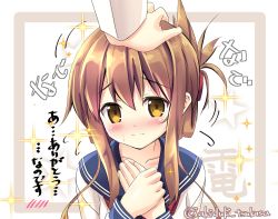 Rule 34 | 10s, 1girl, akitsuki tsukasa, blush, brown eyes, brown hair, character name, commentary request, folded ponytail, hand on another&#039;s head, hands up, inazuma (kancolle), kantai collection, looking at viewer, nanodesu (phrase), own hands together, headpat, portrait, pov, pov hands, school uniform, serafuku, sidelocks, simple background, solo focus, sparkle, sweatdrop, translation request, twitter username, wavy mouth