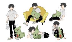 Rule 34 | 1boy, arm hug, bag, barefoot, black eyes, black hair, black pants, bubble, closed eyes, commentary request, couch, creatures (company), game freak, gen 2 pokemon, grey footwear, highres, holding, holding bag, larvitar, lying, male focus, multiple views, newo (shinra-p), nintendo, on lap, on side, pants, pokemon, pokemon (creature), pokemon on lap, shirt, short hair, short sleeves, sitting, slippers, smile, standing, t-shirt, toes