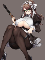 Rule 34 | 1girl, absurdres, black-framed eyewear, black dress, black pantyhose, blush, breasts, brown hair, clothing cutout, constantia s2, dress, duplicate, frills, full body, garter straps, glasses, green eyes, greyscale, gun, hair ribbon, high heels, highres, holster, juliet sleeves, knees together feet apart, knees up, large breasts, last origin, long hair, long sleeves, looking at viewer, maid, maid headdress, monochrome, pantyhose, parted lips, pixel-perfect duplicate, ponytail, puffy sleeves, ribbon, rifle, sidelocks, skirt, smile, solo, thigh holster, thigh strap, underboob, underboob cutout, weapon, whoosaku