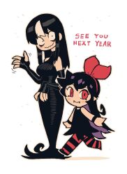 Rule 34 | 2girls, absurdres, bare shoulders, black dress, black hair, breasts, closed eyes, dress, english text, happy new year, highres, large breasts, long dress, long hair, multicolored hair, multiple girls, new year, noss &amp; zakuro, noss (rariatto), rariatto (ganguri), red eyes, standing, streaked hair, waving, wavy mouth, white hair, zakuro (rariatto)