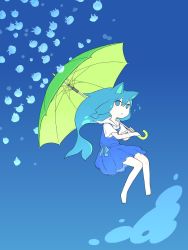 Rule 34 | 1girl, animal, animal ears, blue background, blue bow, blue dress, blue eyes, blue hair, bow, cat ears, diode (0 division), dress, dress bow, fins, full body, green umbrella, highres, holding, holding umbrella, jellyfish, long hair, looking at viewer, open mouth, original, over shoulder, sailor collar, shirt, short sleeves, sidelocks, solo, umbrella, underwater, white sailor collar, white shirt