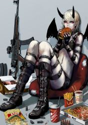 Rule 34 | 1girl, assault rifle, bean bag, bean bag chair, boots, brand name imitation, bullet, burger, chips (food), chopsticks, cigarette, coca-cola, doughnut, drink, eating, fake copyright, food, french fries, gun, highres, horns, jittsu, lay&#039;s (potato chips), looking at viewer, mcdonald&#039;s, mister donut, navel, nissin cup noodle, original, pale skin, pastry box, pizza, pizza box, pizza hut, purple eyes, rifle, short hair, sitting, solo, strap, thigh strap, weapon, white hair, wings