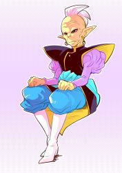 Rule 34 | 10s, 1boy, black eyes, boots, clenched hands, colored skin, dragon ball, dragon ball super, earrings, expressionless, full body, gowasu, gradient background, highres, jewelry, long sleeves, looking away, male focus, mohawk, pointy ears, potara earrings, shaded face, short hair, simple background, sitting, tetsuyo, two-tone background, white footwear, white hair, white skin