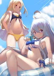 Rule 34 | 2girls, absurdres, ahoge, alternate costume, alternate hair color, armpit peek, azur lane, bare shoulders, bikini, blonde hair, blue bikini, blue sky, blush, bow, bow bikini, breasts, cleavage, cleveland (azur lane), closed mouth, cloud, commentary, day, eating, food, frilled bikini, frills, hair between eyes, helena (azur lane), highres, innertube, jacket, jacket over swimsuit, karakushi, light smile, long hair, looking at viewer, looking to the side, medium breasts, multiple girls, navel, one side up, outdoors, popsicle, purple eyes, red eyes, silver hair, sitting, sky, small breasts, standing, stomach, sunlight, swim ring, swimsuit, very long hair