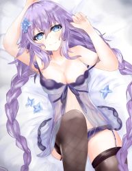 Rule 34 | 1girl, bed, bimmy, black thighhighs, blue eyes, blush, braid, breasts, flower, from above, hair flower, hair ornament, highres, lingerie, looking at viewer, lying, medium breasts, neptune (series), on back, on bed, purple hair, purple heart (neptunia), smile, solo, thighhighs, twin braids, underwear