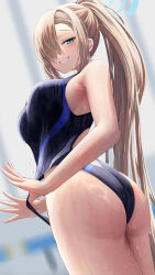 Rule 34 | 1girl, alternate costume, ass, asuna (blue archive), asymmetrical bangs, bare arms, bare shoulders, black one-piece swimsuit, blue archive, blue eyes, breasts, brown hair, competition swimsuit, from behind, hair ornament, halo, highres, large breasts, long hair, looking at viewer, looking back, one-piece swimsuit, parted lips, silver bullet (ecc12 8), smile, solo, swimsuit, teeth, thighs