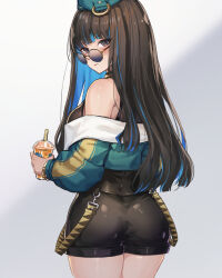 Rule 34 | 1girl, ass, back, bare shoulders, beret, black hair, black shorts, blue hair, blush, bracelet, breasts, colored inner hair, cup, drink, drinking straw, fate/grand order, fate (series), green hat, green jacket, grey eyes, hat, highres, holding, holding cup, holding drink, jacket, jewelry, light smile, long hair, long sleeves, looking at viewer, looking back, medium breasts, multicolored hair, off shoulder, round eyewear, shorts, sidelocks, smile, solo, sunglasses, tenochtitlan (fate), tenochtitlan (second ascension) (fate), thighs, ura illust