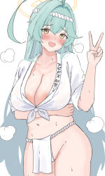 Rule 34 | 1girl, ahoge, aqua hair, arm under breasts, blue archive, blush, breasts, cleavage, fundoshi, hair between eyes, halo, happi, highres, japanese clothes, large breasts, long hair, navel, simple background, steam, steaming body, sweat, tsumayouji (tumayog), v, white background, yellow eyes, yume (blue archive)