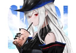 Rule 34 | 1girl, arknights, ascot, bare shoulders, black ascot, black headwear, breasts, bubble tea, commentary request, cup, drinking, grey hair, highres, holding, holding cup, large breasts, long hair, red eyes, skadi (arknights), solo, thehprm, upper body