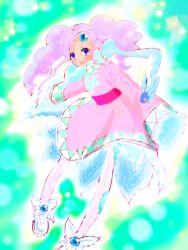 Rule 34 | 00s, 1girl, aqua background, blue eyes, blush, dark skin, dress, frills, long hair, meredy (tales), open mouth, pantyhose, pink hair, quickie (tales), shoes, tales of (series), tales of eternia, twintails