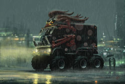 Rule 34 | absurdres, building, commentary, concept art, dyatomi, english commentary, highres, lights, monster truck, motor vehicle, night, night sky, no humans, outdoors, rain, reflection, sky, standing, truck, twisted metal, umbrella, vehicle focus, watermark