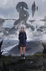Rule 34 | 1girl, absurdres, advarcher, alternate costume, arms behind back, beach, blue eyes, blue hair, blue shirt, blue socks, blunt bangs, cloud, cloudy sky, commentary, dragon, english commentary, fins, fish tail, floating island, fog, full body, gawr gura, grey hair, hair ornament, highres, hololive, hololive english, looking at viewer, medium hair, monster, multicolored hair, ocean, rock, shark girl, shark hair ornament, shark tail, sharp teeth, shirt, skirt, skirt set, sky, smile, socks, solo focus, standing, straight-on, streaked hair, tail, teeth, two side up, virtual youtuber, waves, white footwear