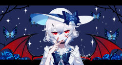 Rule 34 | 1girl, black choker, blood, blood on face, blood on hands, blue bow, bow, bug, butterfly, choker, closed mouth, commentary request, demon wings, dress, hair between eyes, hand up, hat, hat bow, highres, horns, insect, letterboxed, looking at viewer, original, outside border, red eyes, sailor collar, sheya, short hair, smile, solo, sparkle, split mouth, straight-on, upper body, white dress, white hair, white hat, white sailor collar, wings