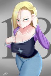Rule 34 | 1girl, absurdres, android 18, blonde hair, blue eyes, breasts, denim, dragon ball, highres, jeans, large breasts, pants, solo, tagme