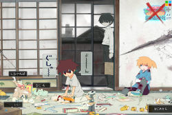 Rule 34 | 3boys, bag, barefoot, blonde hair, blood, blood on clothes, blouse, blurry, blurry background, bow, box, broken, broken wall, brown hair, compass (instrument), cracked window, crayon, crossed out, full body, grey background, grey hair, grey sky, indoors, injury, japanese text, leaning forward, looking down, looking to the side, male focus, marble (toy), marker, mat, mononoke (empty), multiple boys, on floor, one eye closed, open box, original, paper, pencil, railroad tracks, rubble, scissors, seiza, shirt, shoes, shouji, sitting, sky, sliding doors, sneakers, speech bubble, standing, stuffed animal, stuffed toy, toy airplane, toy block, toy car, toy train, translation request, wall, wallpaper (object), white shirt, window, window shadow