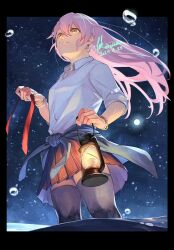Rule 34 | 1girl, bead bracelet, beads, black jacket, black thighhighs, bracelet, bubble, clothes around waist, collared shirt, dated, earrings, floating hair, gina (undead unluck), gold bracelet, heart, heart earrings, highres, holding, holding lantern, jacket, jacket around waist, jewelry, lantern, long hair, looking to the side, looking up, necktie, night, orange eyes, pink bracelet, pink hair, pleated skirt, red necktie, red skirt, shirt, signature, skirt, sky, sleeves rolled up, smile, standing, star (sky), starry sky, tebbbba, thighhighs, thighs, twitter username, undead unluck, unworn necktie, wading, water, white shirt