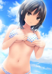 Rule 34 | 1girl, adjusting clothes, adjusting swimsuit, aoyama sumika, bare arms, bare shoulders, bikini, black hair, blue sky, blush, breasts, brown eyes, cloud, cloudy sky, coffee-kizoku, collarbone, commentary request, day, dutch angle, fingernails, hair between eyes, halterneck, hands up, highres, looking at viewer, medium breasts, navel, original, outdoors, parted lips, polka dot, polka dot bikini, sky, solo, swimsuit, white bikini