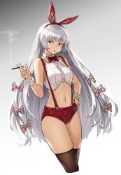 Rule 34 | 1girl, adapted costume, bare arms, bare shoulders, black thighhighs, bow, bowtie, cigarette, commentary request, cowboy shot, crop top, cropped legs, fujiwara no mokou, gradient background, grey background, hair bow, hairband, hand on own hip, highres, holding, holding cigarette, houtengeki, long hair, looking at viewer, midriff, navel, parted lips, red bow, red bowtie, red eyes, red hairband, red shorts, shirt, short shorts, shorts, silver hair, simple background, sleeveless, sleeveless shirt, smoke, solo, standing, stomach, suspenders, thighhighs, thighs, touhou, very long hair, white background, white bow, white shirt, wing collar, wrist cuffs