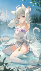 Rule 34 | 1girl, absurdres, ahoge, animal ear fluff, animal ears, arm up, blue sky, building, cat ears, cat girl, cat tail, closed mouth, day, dress, garter straps, grey hair, hand up, heart, heart ahoge, highres, long hair, looking at viewer, no shoes, original, outdoors, purple eyes, sample watermark, shallow water, sitting, sky, solo, tail, tower, very long hair, water, watermark, white dress, yokozuwari, zombie ke