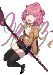 Rule 34 | 1girl, :d, bike shorts, black bra, black choker, black footwear, black shorts, black thighhighs, bra, breasts, brown jacket, choker, collarbone, commentary request, fang, girls&#039; frontline, half updo, heart, heart print, high heels, highres, holding, hood, hooded jacket, horns, jacket, long sleeves, looking at viewer, medium breasts, mp-443 (girls&#039; frontline), open mouth, orange eyes, partial commentary, pink hair, puffy sleeves, reeh (yukuri130), short hair, short shorts, shorts, simple background, smile, solo, star (symbol), thighhighs, thighs, underwear, white background