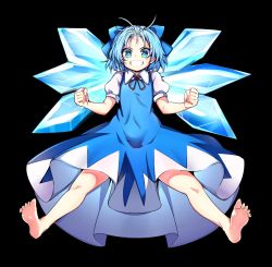 Rule 34 | 1girl, absurdres, baba (baba seimaijo), barefoot, black background, blue eyes, blue hair, bow, cirno, clenched hands, dress, feet, grin, hair bow, highres, ice, ice wings, matching hair/eyes, ribbon, short hair, simple background, smile, solo, straight-on, toes, touhou, wings