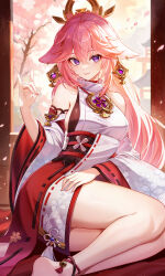 Rule 34 | 1girl, absurdres, animal ears, blush, breasts, chen ying (alan-yut), cherry blossoms, detached sleeves, earrings, feet out of frame, floppy ears, fox, fox ears, fox shadow puppet, genshin impact, hair ornament, highres, japanese clothes, jewelry, long hair, looking at viewer, medium breasts, miko, nontraditional miko, petals, pink hair, purple eyes, sideboob, smile, solo, vision (genshin impact), wide sleeves, yae miko