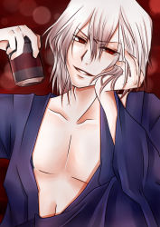 Rule 34 | 00s, 1boy, can, canned coffee, drink can, highres, japanese clothes, male focus, open clothes, red eyes, short hair, smile, solo, tohno shiki (2), tsukihime, type-moon, white hair