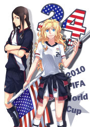 Rule 34 | 1boy, 1girl, 2010 fifa world cup, bad id, bad pixiv id, bliss (ferment factory), blonde hair, blue eyes, braid, brown eyes, brown hair, curly hair, flag, highres, long hair, shorts, smile, united states, world cup