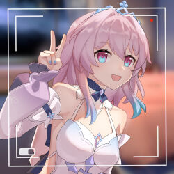 Rule 34 | 1girl, bare shoulders, battery indicator, blue eyes, blue hair, blue nails, blurry, blurry background, breasts, colored tips, depth of field, detached sleeves, dress, gradient nails, hand up, highres, honkai: star rail, honkai (series), lisebai, long sleeves, march 7th (dress) (honkai: star rail), march 7th (honkai: star rail), medium breasts, multicolored hair, nail polish, official alternate costume, open mouth, pink eyes, pink hair, pink nails, pink pupils, purple sleeves, smile, solo, tiara, two-tone eyes, v, white dress, white sleeves