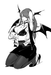 Rule 34 | 1girl, bat wings, bra, breasts, closed mouth, collared shirt, greyscale, hair in own mouth, head wings, high heels, highres, kneeling, koakuma, large breasts, long hair, looking at viewer, monochrome, one eye closed, open clothes, open shirt, pantyhose, pencil skirt, ponytail, pumps, ruukii drift, shirt, shoes, simple background, skirt, smile, solo, tiptoes, touhou, underwear, white background, wing collar, wings