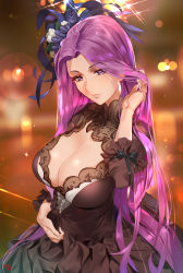 Rule 34 | adjusting hair, black dress, black ribbon, blurry, bokeh, breasts, cleavage, cleavage cutout, clothing cutout, craft essence (fate), depth of field, dress, evening gown, fate/grand order, fate/stay night, fate (series), flower, hair flower, hair ornament, highres, lace, large breasts, light particles, long hair, medusa (belle of society) (fate), medusa (fate), medusa (rider) (fate), official alternate costume, purple eyes, purple hair, ribbon, smile, solo, very long hair, yd (orange maru)