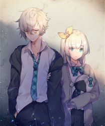 Rule 34 | 1boy, 1girl, alternate costume, anastasia (fate), blue eyes, blue neckwear, blush, commentary request, contemporary, doll, fate/grand order, fate (series), hair between eyes, hairband, holding, holding hands, kadoc zemlupus, long hair, long sleeves, looking at viewer, nagu, plaid neckwear, ribbon, school uniform, very long hair, white hair, yellow eyes