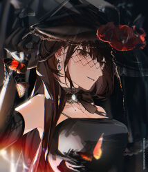 Rule 34 | 1girl, bare shoulders, black choker, black dress, black hat, blurry, blurry foreground, breasts, brown eyes, brown hair, bug, butterfly, choker, cleavage, commentary, detached sleeves, dress, earrings, hair over shoulder, hat, insect, jewelry, k00s, large breasts, long hair, looking at viewer, open mouth, orange butterfly, sidelocks, smile, solo, symbol-only commentary, upper body