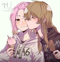 Rule 34 | !?, 2girls, bangs pinned back, black hoodie, blush, brown hair, closed eyes, closed mouth, commentary, d4dj, embarrassed, food, food on face, gradient hair, grey hoodie, hand up, hood, hood down, hoodie, ice cream, ice cream cone, inuyose shinobu, jewelry, licking, licking another&#039;s face, licking another&#039;s lips, long hair, long sleeves, multicolored hair, multiple girls, necklace, orange hair, pink hair, profile, ring, ring necklace, royyy999, simple background, sleeves past wrists, spoken interrobang, star (symbol), sweatdrop, symbol-only commentary, tongue, upper body, wavy mouth, white background, yamate kyouko, yellow eyes, yuri