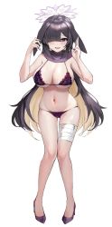 Rule 34 | 1girl, :d, animal ears, bandaged leg, bandages, black hair, blonde hair, blue archive, blunt bangs, blush, bra, breasts, colored inner hair, full body, hair over one eye, halo, hei d, high heels, highres, large breasts, long hair, looking at viewer, lop rabbit ears, multicolored hair, navel, open mouth, panties, purple bra, purple eyes, purple panties, rabbit ears, simple background, smile, solo, standing, stomach, tsukuyo (blue archive), underwear, underwear only, very long hair, white background