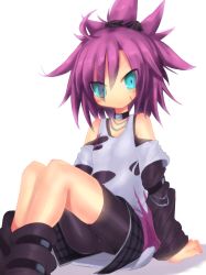 Rule 34 | 1girl, aqua eyes, bare shoulders, bike shorts, character request, copyright request, emil chronicle online, flat chest, kyuusui gakari, looking at viewer, purple eyes, scarf, short hair, shorts under skirt, sitting, skirt, smile, solo, spiked hair, torn clothes, urchin alma