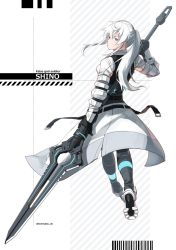 Rule 34 | 1girl, armor, back, barcode, black gloves, blue eyes, character name, closed mouth, english text, gloves, hair between eyes, highres, holding, holding polearm, holding weapon, long hair, original, polearm, ponytail, solo, spear, tokitsu sousaku, twitter username, weapon, white hair