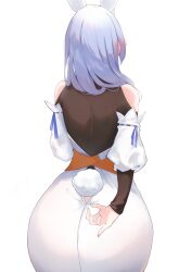 Rule 34 | 1girl, absurdres, ass, ass focus, attu, back, back focus, blush, detached sleeves, dress, ear blush, facing away, from behind, highres, hololive, huge ass, long hair, mature female, pekomama, rabbit girl, rabbit tail, simple background, solo, standing, tail, virtual youtuber, white background