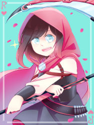 Rule 34 | 1girl, black dress, black hair, cape, dress, long sleeves, multicolored hair, red cape, red hair, ruby rose, rwby, scythe, sleeveless, sleeveless dress, striped clothes, striped dress, two-tone hair, weapon