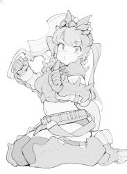 Rule 34 | 1girl, absurdres, aioi u, armor, belt, breastplate, earrings, gloves, greaves, greyscale, heart, heart earrings, highres, holding, holding sword, holding weapon, index finger raised, jewelry, long hair, monochrome, monster hunter (character), monster hunter (series), navel, shoulder armor, simple background, sitting, solo, sword, thighhighs, twintails, vambraces, wariza, weapon, white background