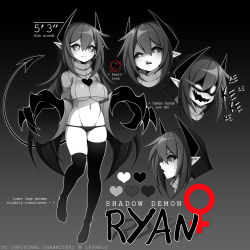 Rule 34 | !, 1girl, artist name, black background, black hair, black sclera, breasts, character name, character sheet, claws, colored sclera, colored skin, commentary, cropped sweater, demon girl, demon horns, demon tail, english commentary, english text, full body, glowing, glowing eyes, gradient background, grey background, grey eyes, grey skin, hair between eyes, heart, highres, horns, large breasts, long hair, multiple views, navel, open mouth, original, palette (object), panties, pointy ears, ryan (iryanic), shaded face, simple background, sweatdrop, tail, teeth, thighhighs, totallyiryanic, underboob, underwear, very long hair, watermark