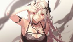 Rule 34 | 1girl, absurdres, arknights, arm up, armpits, bare arms, bare shoulders, bikini, black bikini, black choker, breasts, choker, cleavage, commentary request, hair between eyes, highres, horns, jewelry, large breasts, mudrock (arknights), mudrock (silent night) (arknights), necklace, official alternate costume, pointy ears, red eyes, silver hair, solo, swimsuit, upper body, wushier