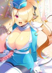 Rule 34 | 1girl, :d, black pantyhose, blonde hair, blue dress, blue hat, breasts, cleavage, collarbone, commentary request, commission, dress, frilled pillow, frills, garrison cap, gloves, hair over one eye, hat, kou hiyoyo, large breasts, long hair, long sleeves, looking at viewer, mole, mole on breast, open mouth, original, pantyhose, pillow, pointy ears, ponytail, red eyes, sidelocks, sitting, skeb commission, smile, solo, thick eyebrows, thighhighs, thighhighs over pantyhose, very long hair, white gloves, white thighhighs